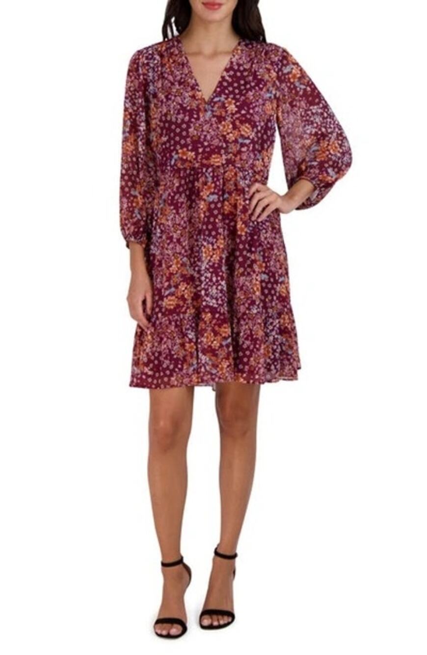 Sandra Darren Burgundy Floral Balloon Sleeve V-Neck Babydoll Mini Dress 6 NWT